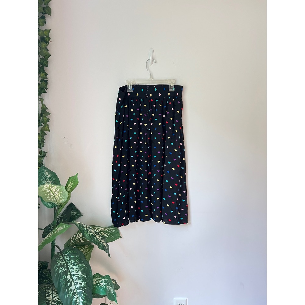 Hell Bunny Skirt Black Rainbow Heart Print Button Front Midi Novelty Modcloth - Picture 3 of 8